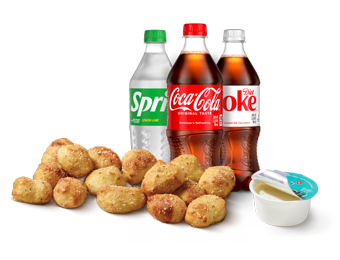 Domino's products including Parmesan Bread Bites, 20oz sodas, and dip cup