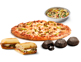 Domino's products including pizza, pasta, oven-baked sandwich and Chocolate Lava Crunch Cakes