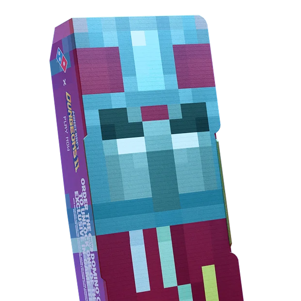 The Prime Enchanter collectible Domino's box: the villain's pixel-art face wrapped around a pizza box.