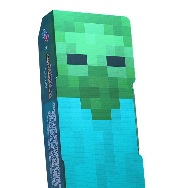 The Zombie collectible Domino's box: a green pixel-art zombie face wrapped around a pizza box.