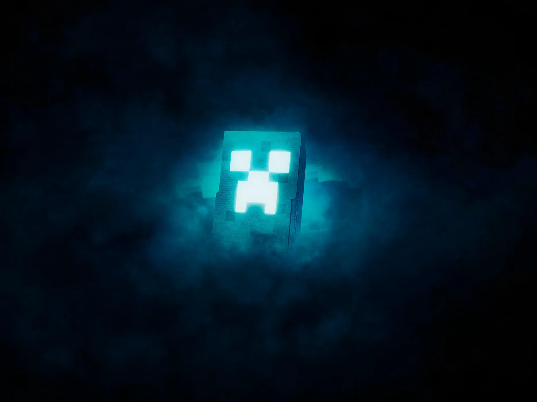 A Domino box emerges from dark, moody clouds. The box lid shows a glowing Creeper face.