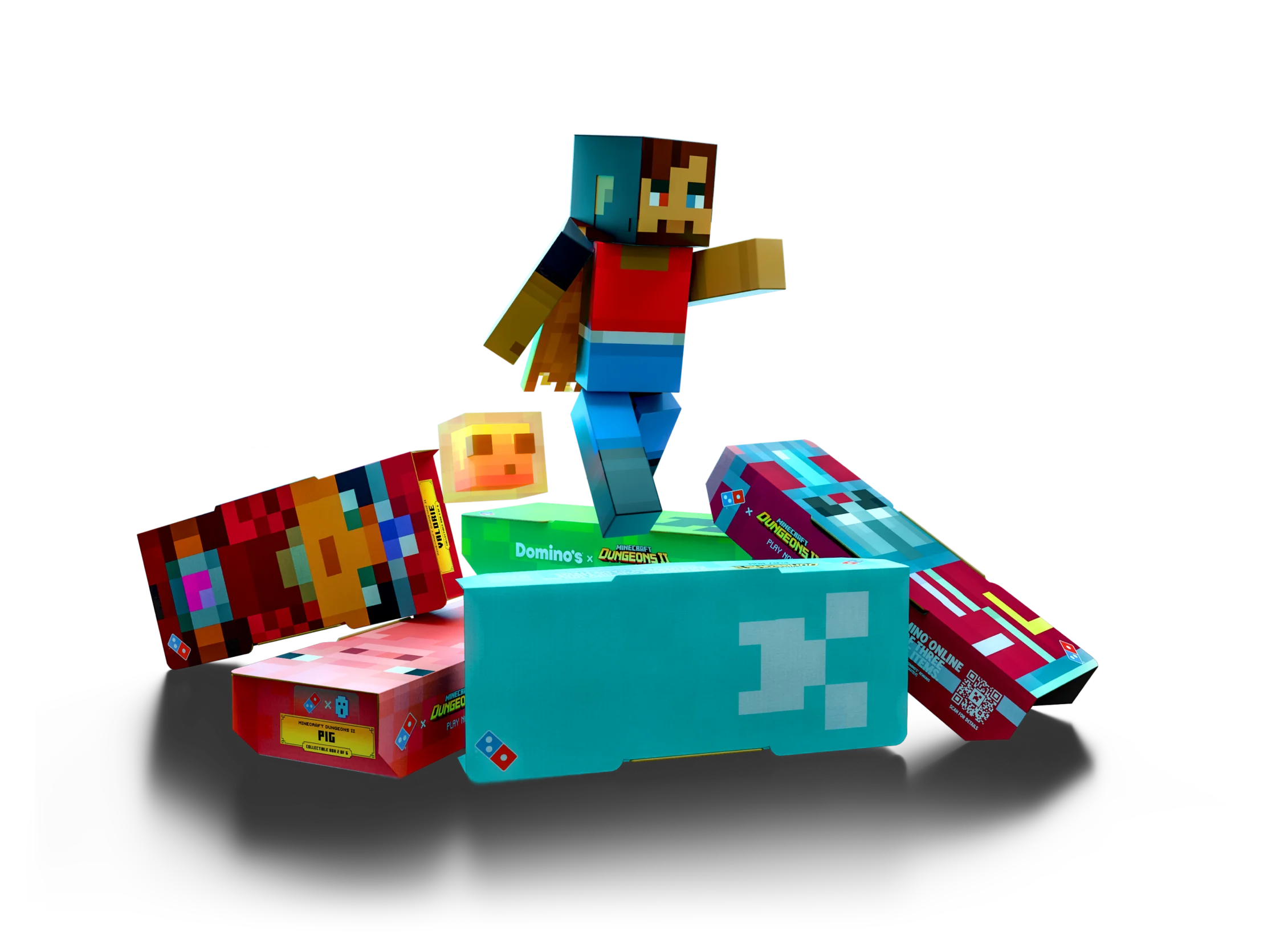 A Minecraft Dungeons II hero leaps off a stack of collectible Domino's pizza boxes, a glowing cube floating beside him.