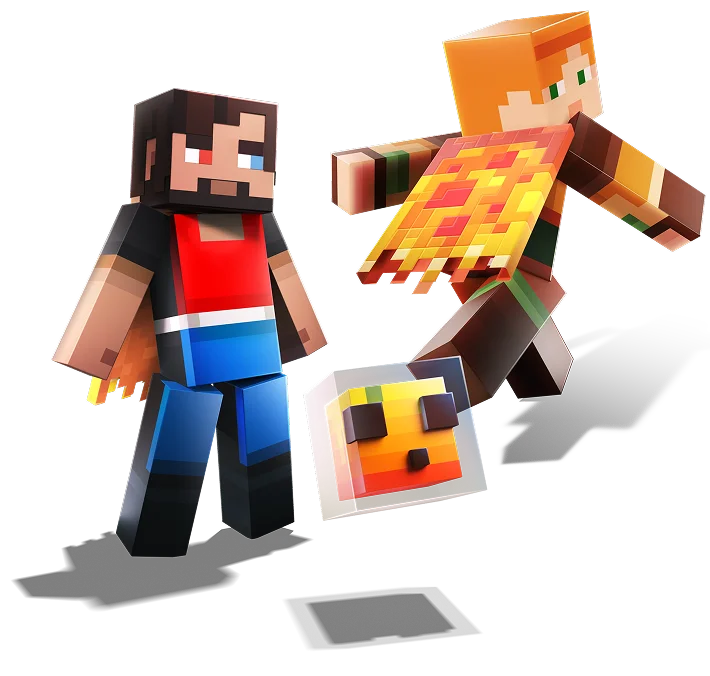 Alex leaps forward wearing the pixel-flame cape beside a hero in the Domino's skin, with the glowing pizza-cube pet at their feet.